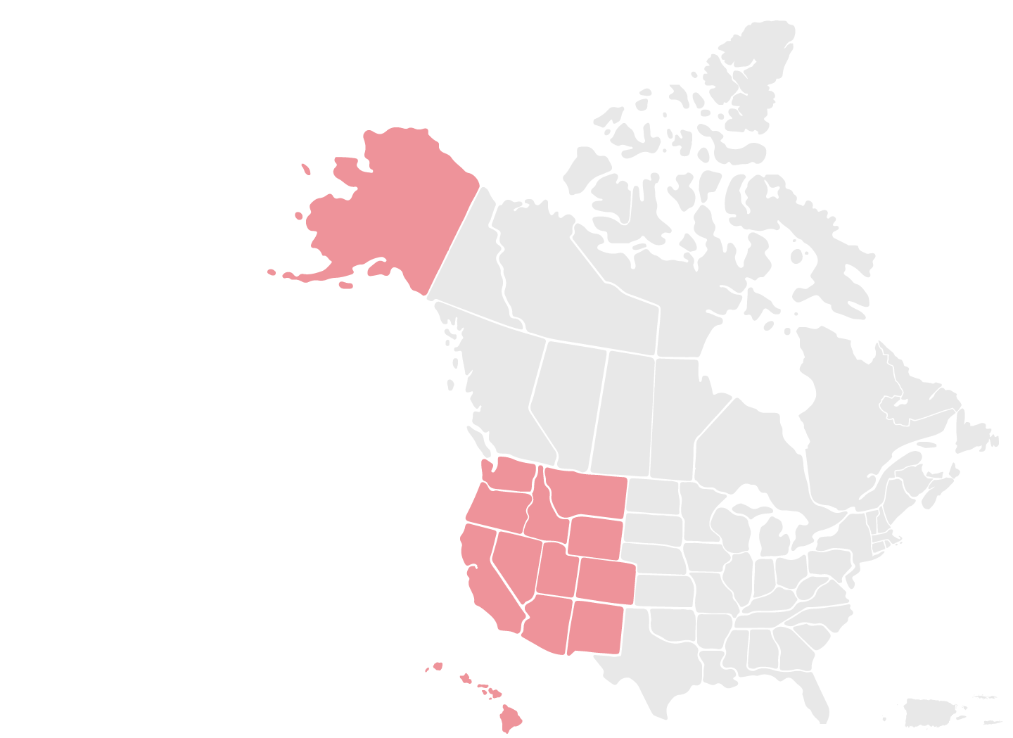US and Canada map with the western US states highlighted in red