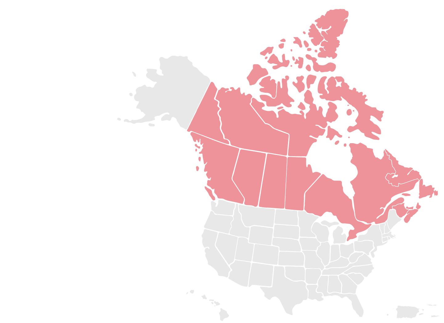 US and Canada map with all Canadian provinces highlighted in red