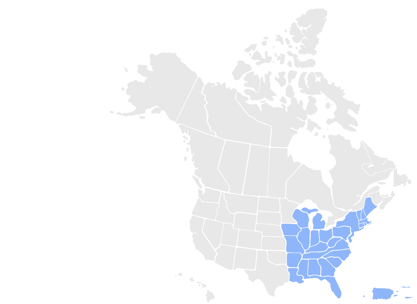 US and Canada map with the eastern US states highlighted in blue