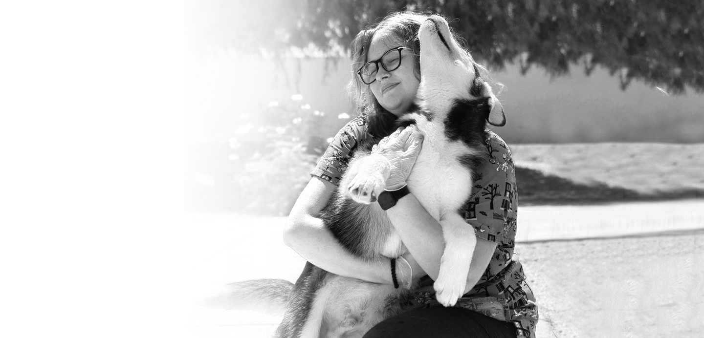 woman wearing glasses plays with a husky