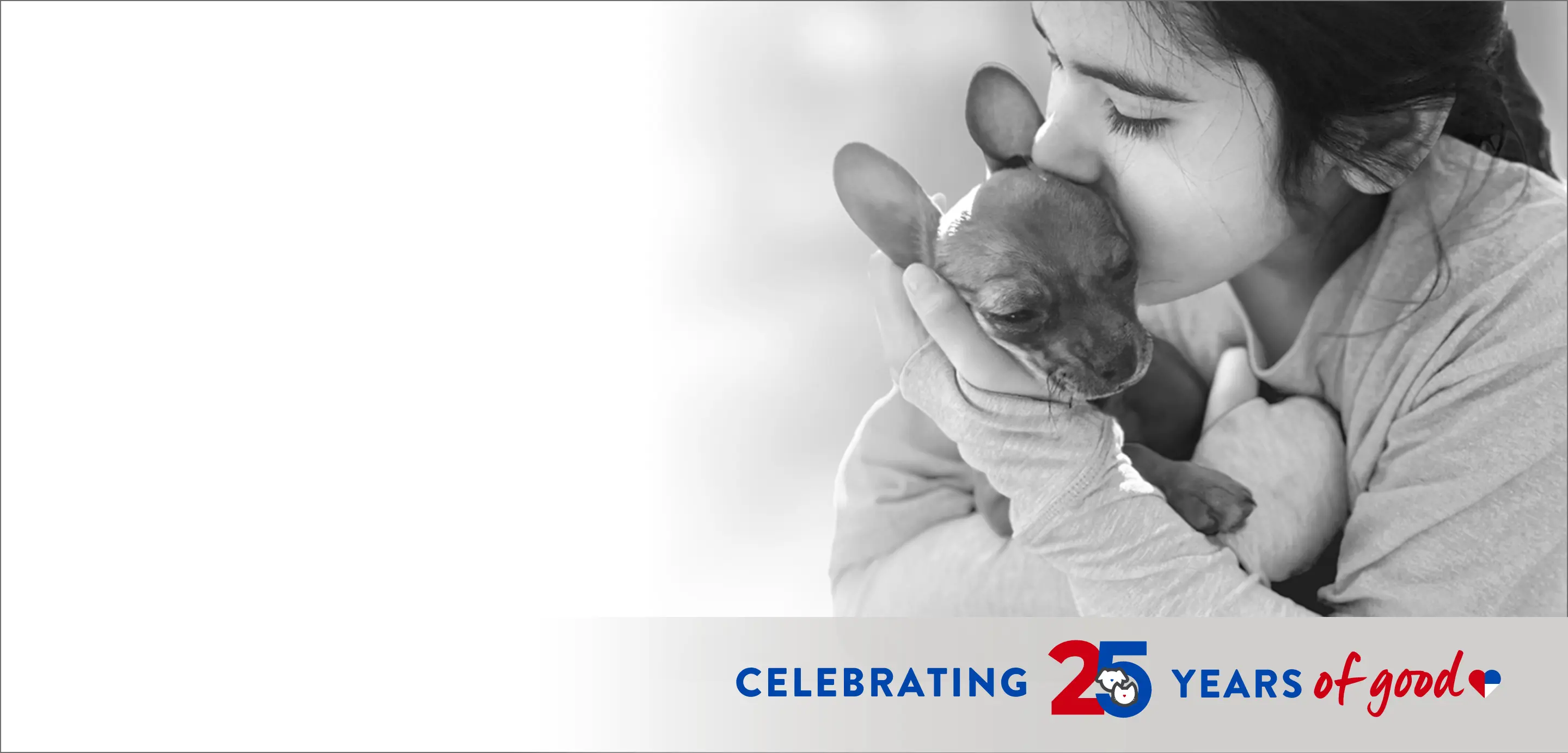 young girl kisses a chihuahua on the side of the head, text that reads "Celebrating 25 Years of Good"
