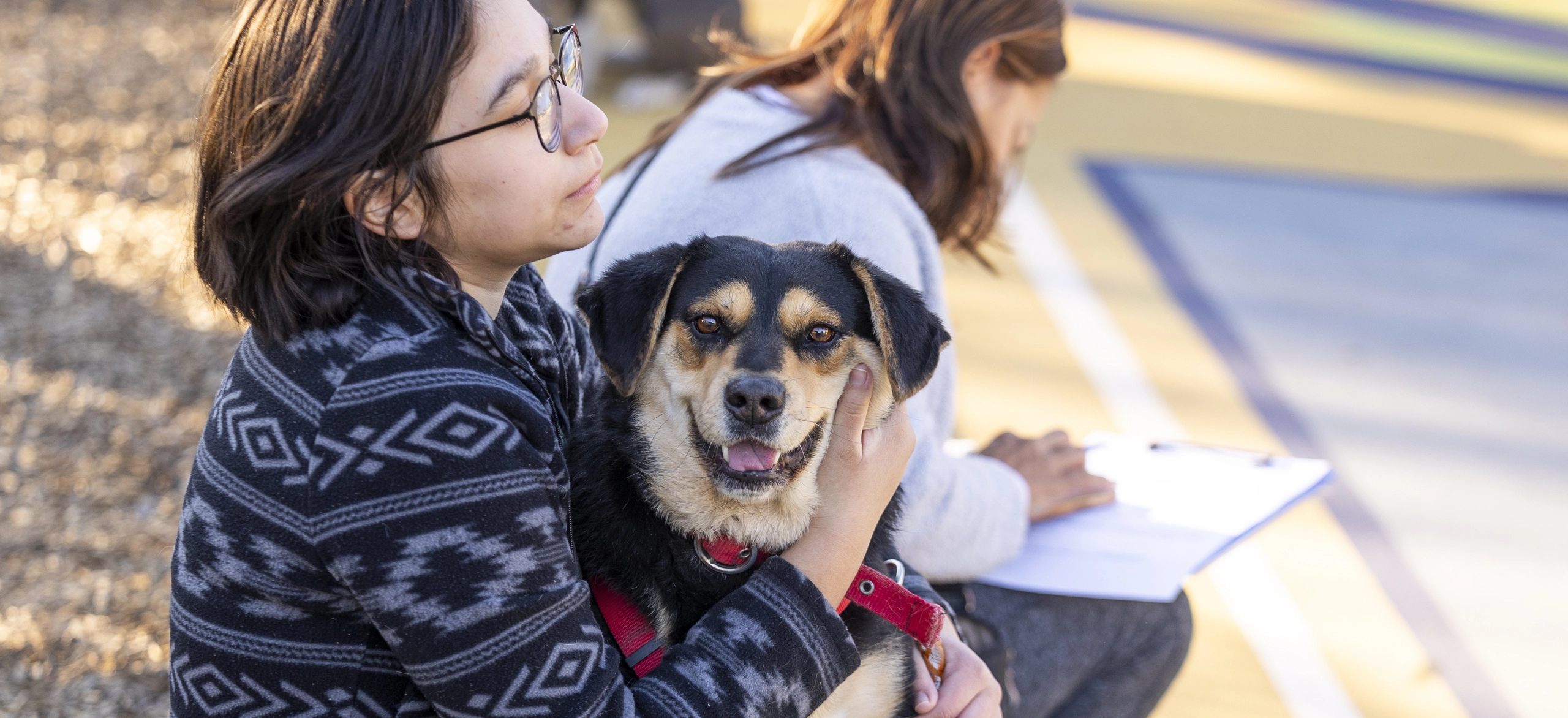 woman wearing patterned sweater sits outside with a black and tan dog in her lap