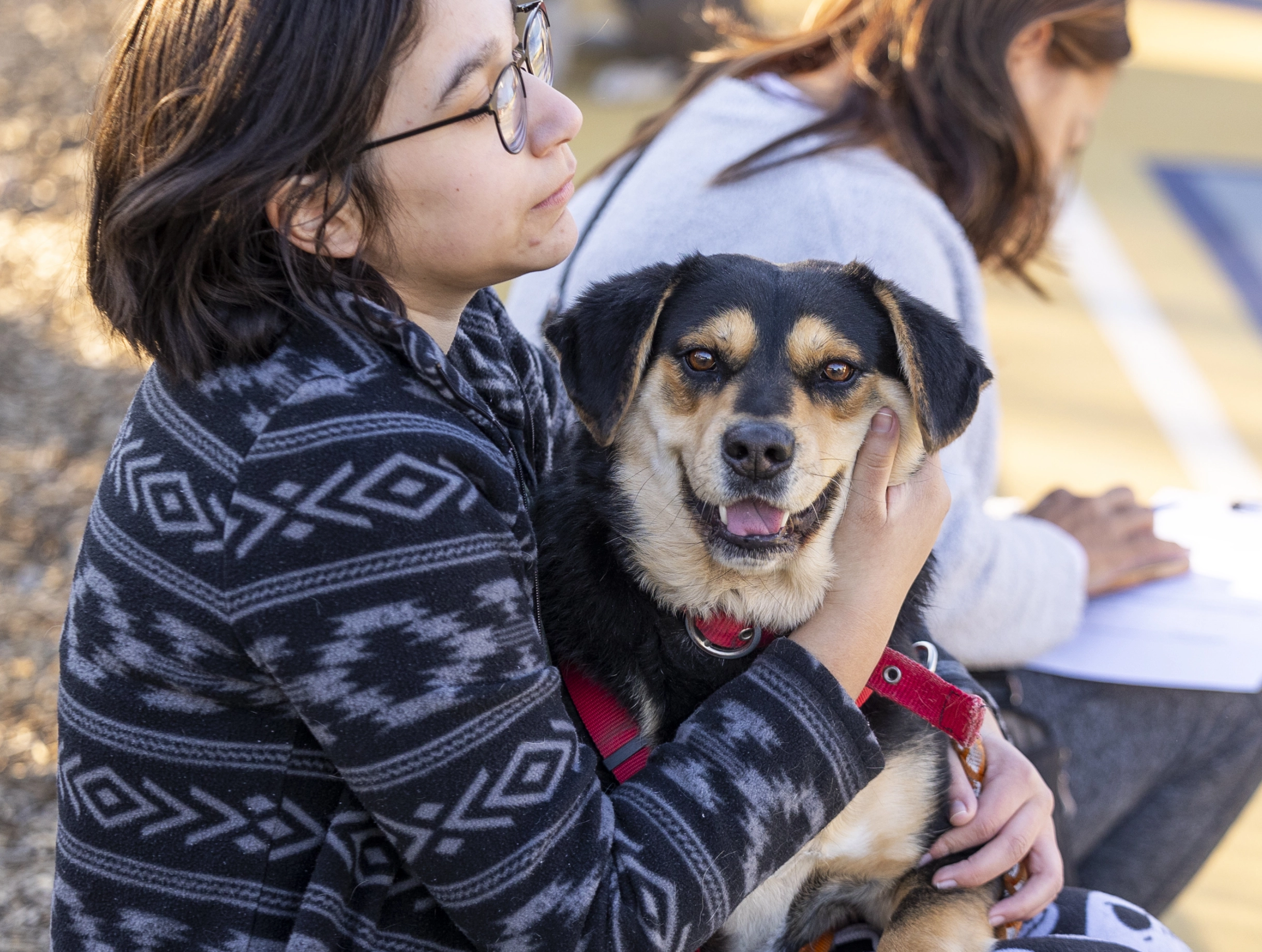 girl holding dog