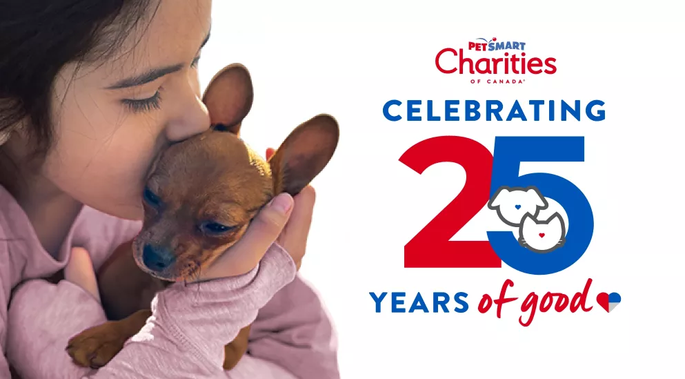 girl kisses Chihuahua and text that reads "PetSmart Charities Celebrating 25 Years of Good" 